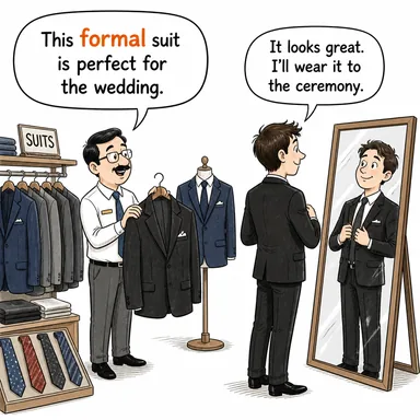 formal (resmi, biçimsel, usulüne uygun) karikatürü — diyalogla bağlam içinde öğren