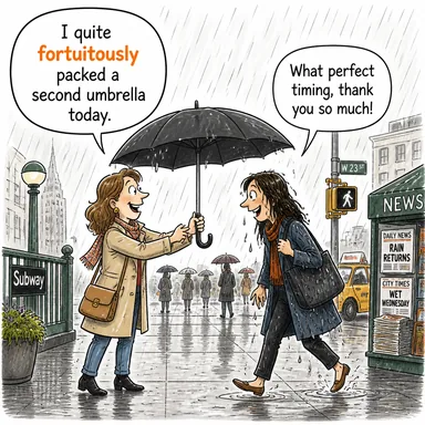 fortuitously (tesadüfen, şans eseri) karikatürü — diyalogla bağlam içinde öğren