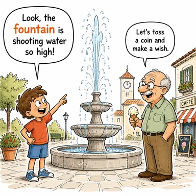 fountain (çeşme, fıskiye, kaynak) karikatürü — diyalogla bağlam içinde öğren
