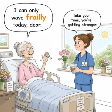 frailly (zayıfça, kırılgan bir şekilde) karikatürü — diyalogla bağlam içinde öğren