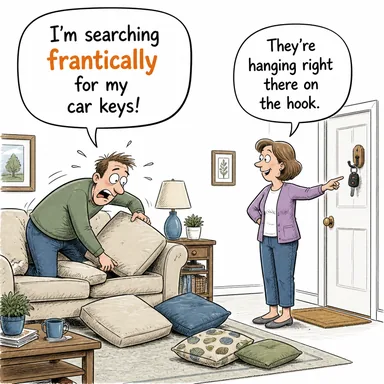 frantically (çılgınca, telaşla) karikatürü — diyalogla bağlam içinde öğren