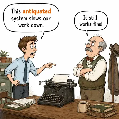 antiquated (modası geçmiş, köhne, çağ dışı) karikatürü — diyalogla bağlam içinde öğren