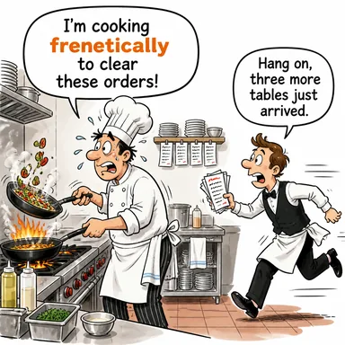 frenetically (çılgınca, ateşli bir şekilde) karikatürü — diyalogla bağlam içinde öğren
