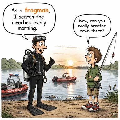 frogman (dalgıç, kurbağa adam) karikatürü — diyalogla bağlam içinde öğren