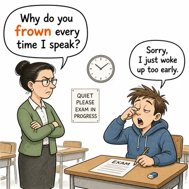 frown (kaşlarını çatmak, hoşnutsuzluk göstermek) karikatürü — diyalogla bağlam içinde öğren