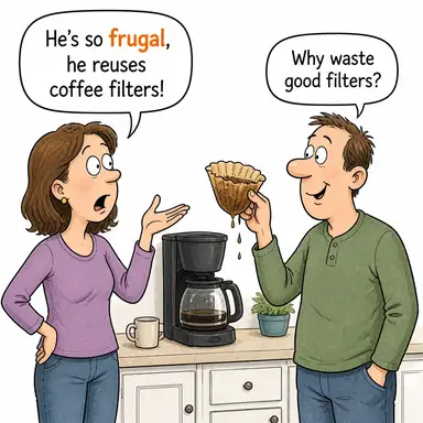 frugal (tutumlu, idareli, sade) karikatürü — diyalogla bağlam içinde öğren
