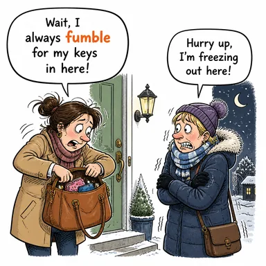fumble (eline yüzüne bulaştırmak, beceriksizce tutmak, yoklamak) karikatürü — diyalogla bağlam içinde öğren