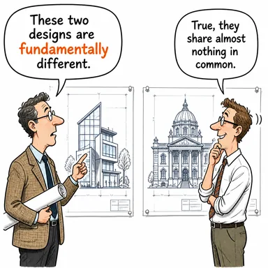 fundamentally (esasen, temelden, köklü bir şekilde) karikatürü — diyalogla bağlam içinde öğren