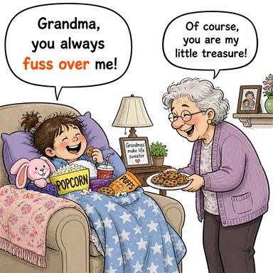 fuss over (üzerine titremek, aşırı ilgi göstermek) karikatürü — diyalogla bağlam içinde öğren