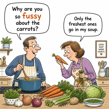 fussy (titiz, müşkülpesent, zor beğenen) karikatürü — diyalogla bağlam içinde öğren