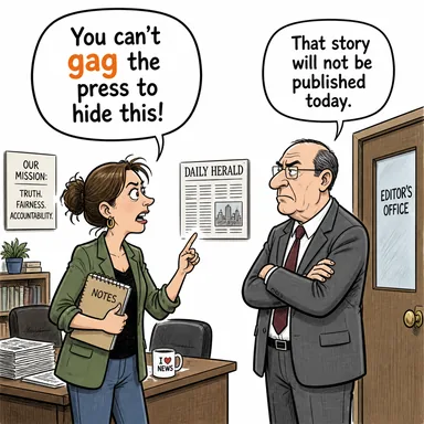 gag (ağzını tıkamak, susturmak (basın yasağı vb.); öğürmek) karikatürü — diyalogla bağlam içinde öğren