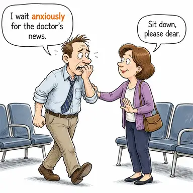 anxiously (endişeyle, kaygıyla, huzursuzca) karikatürü — diyalogla bağlam içinde öğren