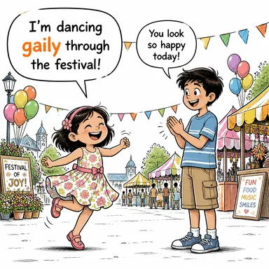 gaily (neşeyle, şen şakrak bir şekilde) karikatürü — diyalogla bağlam içinde öğren