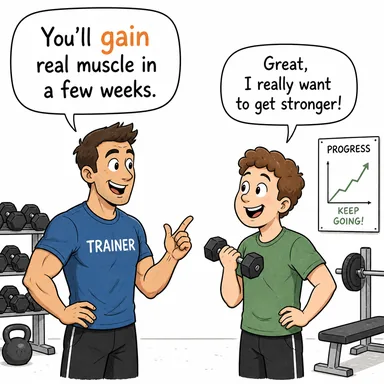 gain (elde etmek, kazanmak (kilo/hız/erişim)) karikatürü — diyalogla bağlam içinde öğren