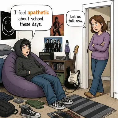 apathetic (ilgisiz, kayıtsız, duygusuz) karikatürü — diyalogla bağlam içinde öğren