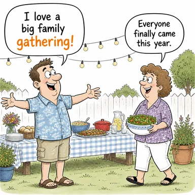 gathering (toplantı, bir araya gelme) karikatürü — diyalogla bağlam içinde öğren