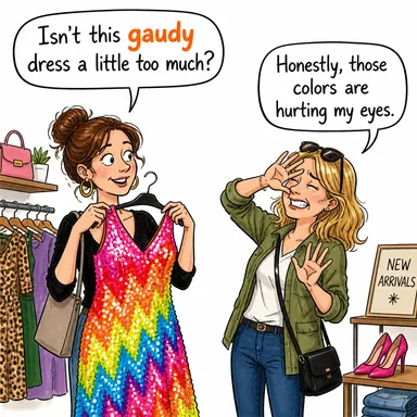 gaudy (gösterişli (zevksizce), cafcaflı, rüküş) karikatürü — diyalogla bağlam içinde öğren