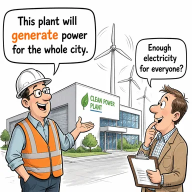 generate (üretmek, oluşturmak, (elektrik/fikir) yaratmak) karikatürü — diyalogla bağlam içinde öğren