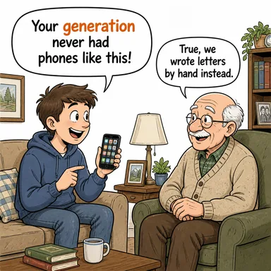 generation (nesil, kuşak; üretim) karikatürü — diyalogla bağlam içinde öğren