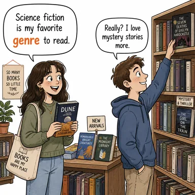 genre (tür, tarz (sanat/edebiyat)) karikatürü — diyalogla bağlam içinde öğren
