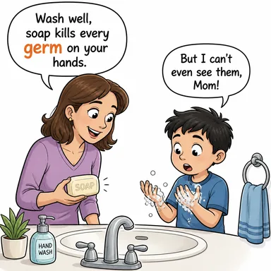 germ (mikrop; (fikir için) öz, tohum) karikatürü — diyalogla bağlam içinde öğren