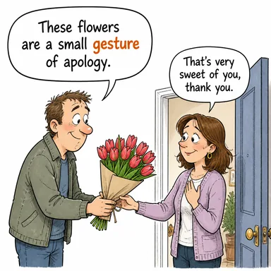 gesture (jest, mimik, el kol hareketi; iyi niyet göstergesi) karikatürü — diyalogla bağlam içinde öğren