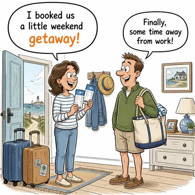 getaway (kaçış (suçtan); kısa tatil) karikatürü — diyalogla bağlam içinde öğren