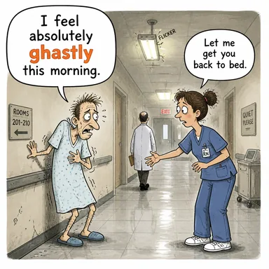 ghastly (korkunç, dehşet verici, ölü gibi solgun) karikatürü — diyalogla bağlam içinde öğren
