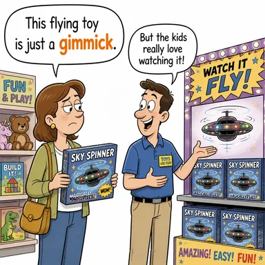 gimmick (ilgi çekici numara, hile, pazarlama oyunu) karikatürü — diyalogla bağlam içinde öğren