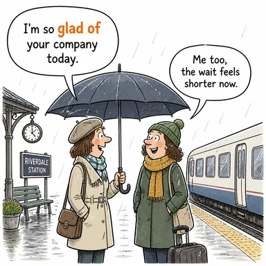 glad of (-den memnun olmak, -e sevinmek) karikatürü — diyalogla bağlam içinde öğren