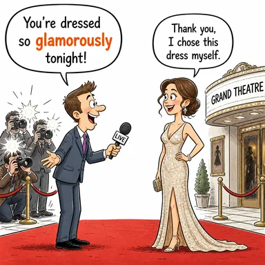 glamorously (büyüleyici bir şekilde, göz alıcı biçimde) karikatürü — diyalogla bağlam içinde öğren