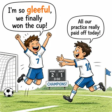 gleeful (neşeli, keyifli) karikatürü — diyalogla bağlam içinde öğren