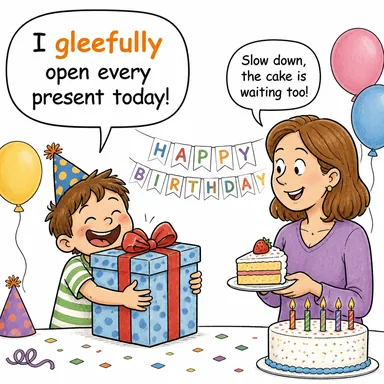 gleefully (neşeyle, keyifle) karikatürü — diyalogla bağlam içinde öğren