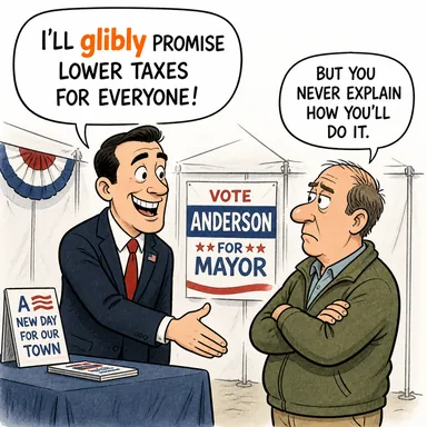 glibly (ağzı laf yaparak, samimiyetsiz bir rahatlıkla) karikatürü — diyalogla bağlam içinde öğren