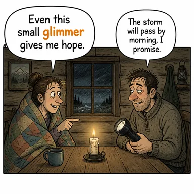 glimmer (parıldamak, ışıldamak; (umut) belirtisi) karikatürü — diyalogla bağlam içinde öğren