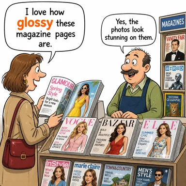 glossy (parlak, kuşe (kağıt), cilalı) karikatürü — diyalogla bağlam içinde öğren