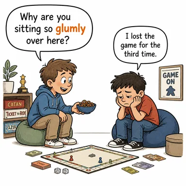 glumly (asık suratla, kederli bir şekilde) karikatürü — diyalogla bağlam içinde öğren