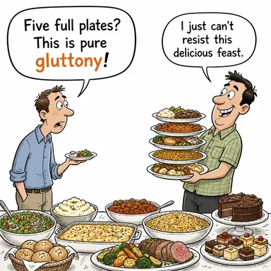 gluttony (oburluk, pisboğazlık) karikatürü — diyalogla bağlam içinde öğren