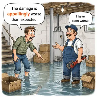 appallingly (korkunç bir şekilde, dehşet verici derecede) karikatürü — diyalogla bağlam içinde öğren
