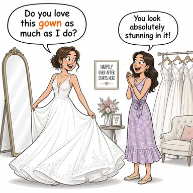 gown (tuvalet (elbise), cübbe, sabahlık) karikatürü — diyalogla bağlam içinde öğren