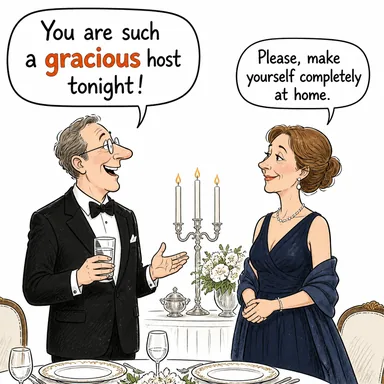 gracious (kibar, nazik, merhametli) karikatürü — diyalogla bağlam içinde öğren