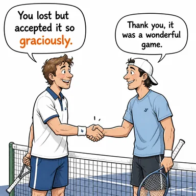graciously (nezaketle, lütfederek) karikatürü — diyalogla bağlam içinde öğren