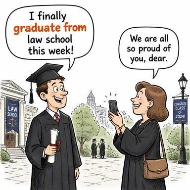 graduate from (mezun olmak) karikatürü — diyalogla bağlam içinde öğren
