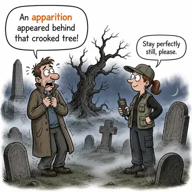apparition (hayalet, tayf, garip görünüm) karikatürü — diyalogla bağlam içinde öğren