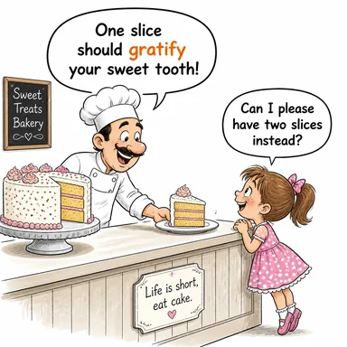 gratify (memnun etmek, tatmin etmek (dürtü/istek)) karikatürü — diyalogla bağlam içinde öğren