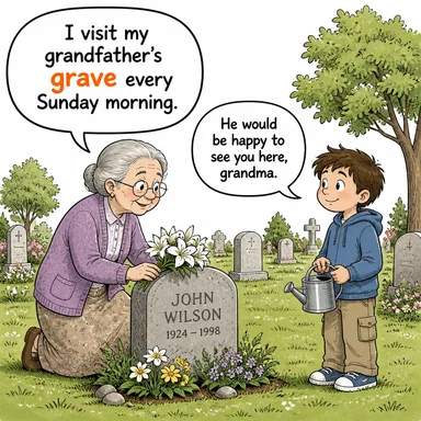 grave (mezar, kabir) karikatürü — diyalogla bağlam içinde öğren