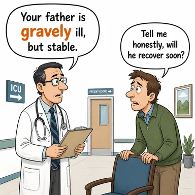 gravely (ciddiyetle, ağır bir şekilde (hasta/yaralı)) karikatürü — diyalogla bağlam içinde öğren