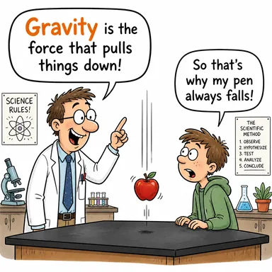 gravity (yerçekimi; ciddiyet, vahamet) karikatürü — diyalogla bağlam içinde öğren