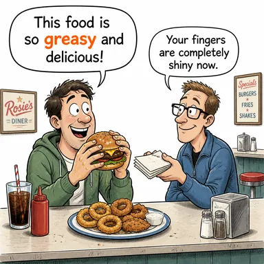greasy (yağlı, vıcık vıcık) karikatürü — diyalogla bağlam içinde öğren