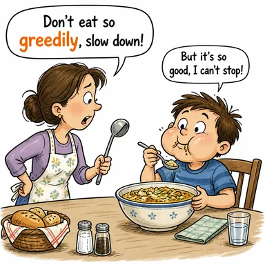 greedily (açgözlülükle) karikatürü — diyalogla bağlam içinde öğren